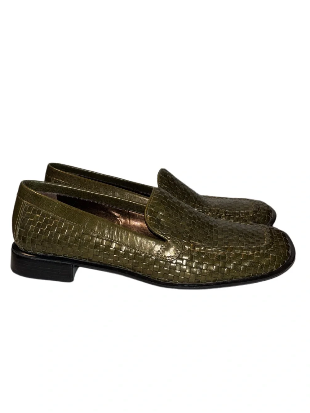A. Marinelli Olive Woven Leather Loafers olive green Woman's Size 8 square toe